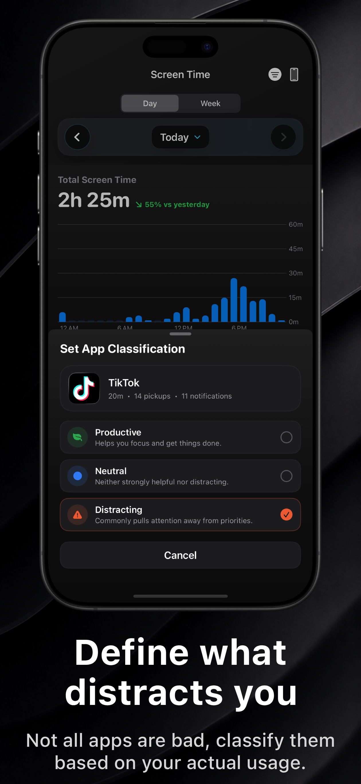 App classification screen with Productive, Neutral, and Distracting labels.