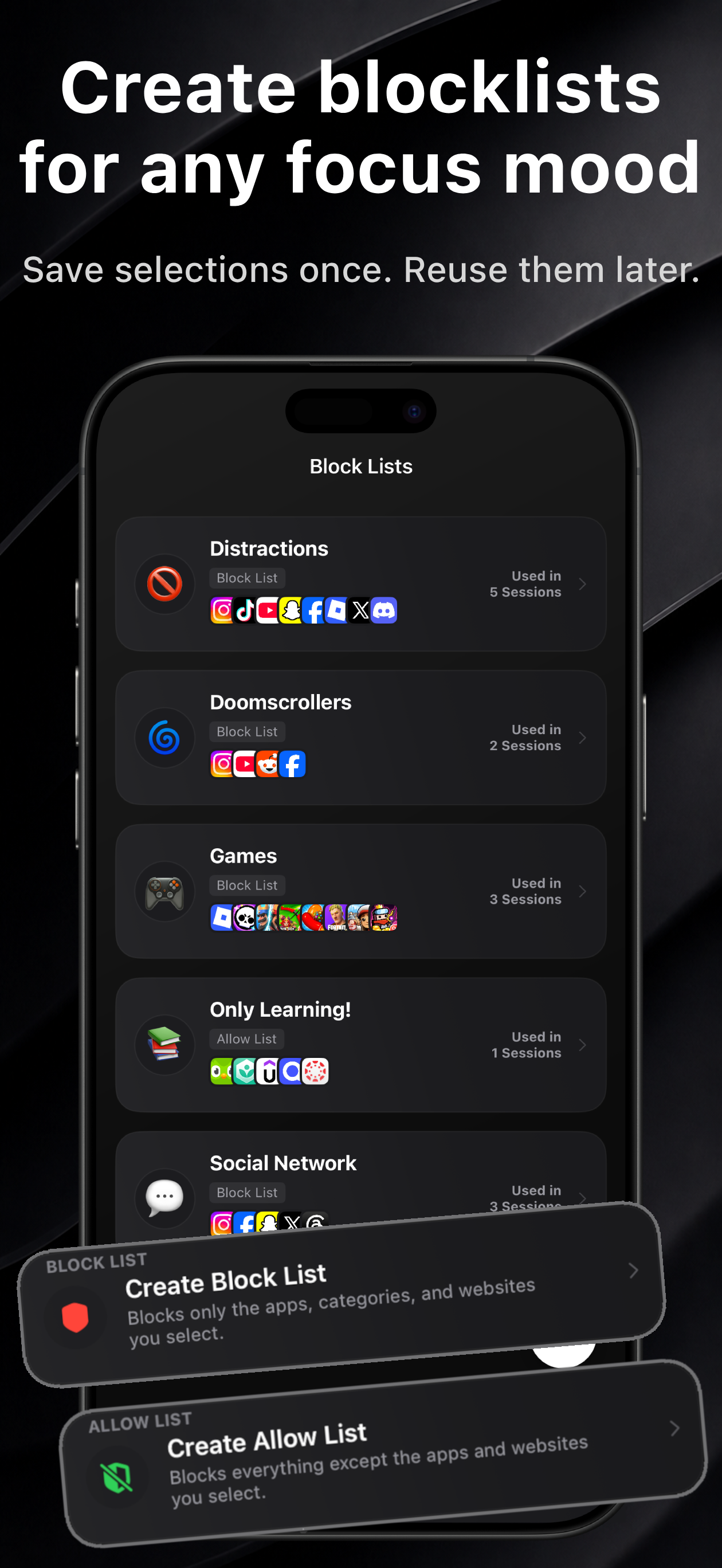 Block Lists screen showing reusable distraction, games, learning, and social network lists.