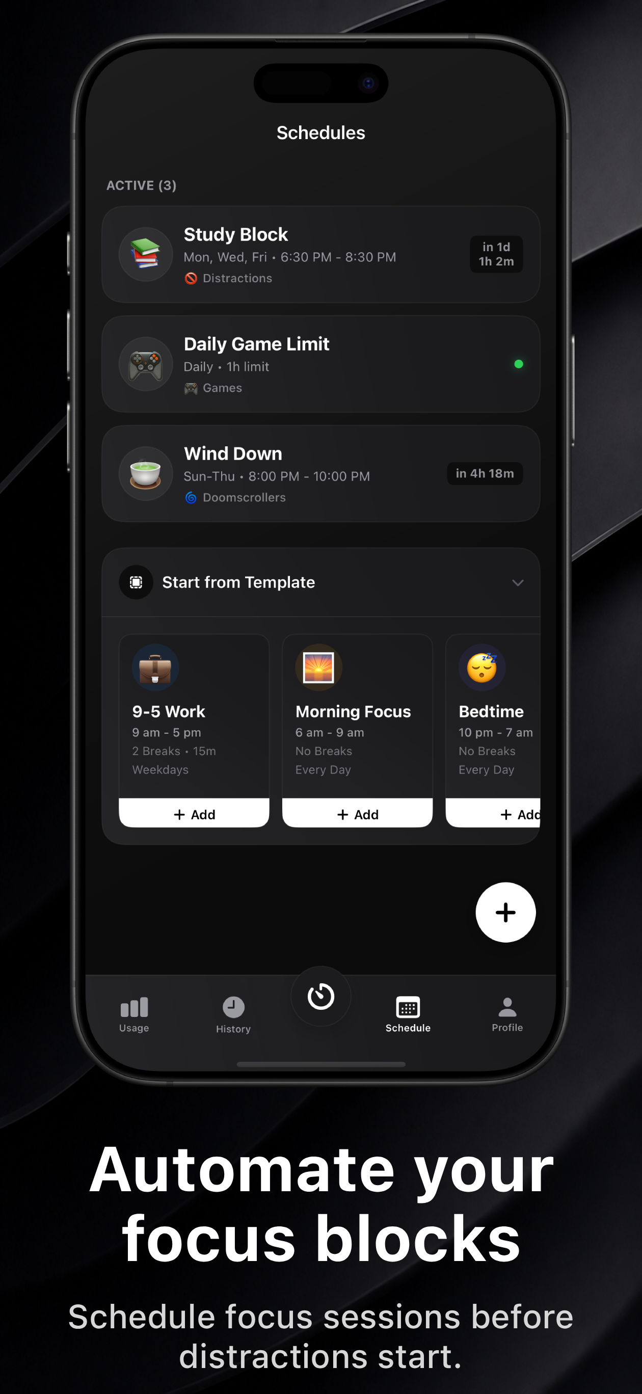 Scheduled Sessions screen showing active study, game limit, wind down, and template cards.