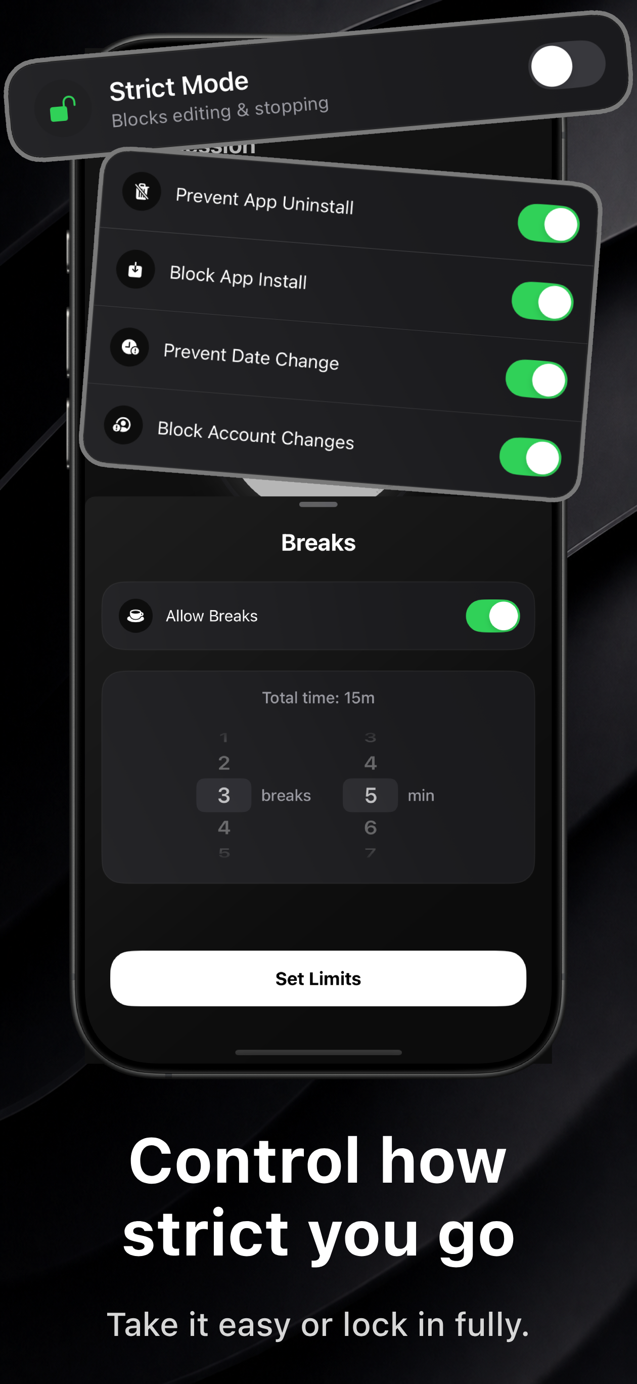 Strict Mode promotional screenshot showing restrictions and limit controls.